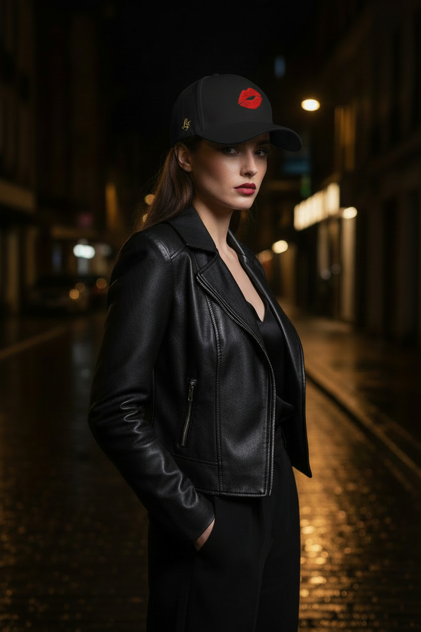Femme de côté avec la casquette noire, dans le style de la photo de référence