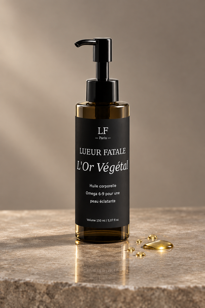 Flacon L'Or Végétal en lumière équilibrée sur pierre