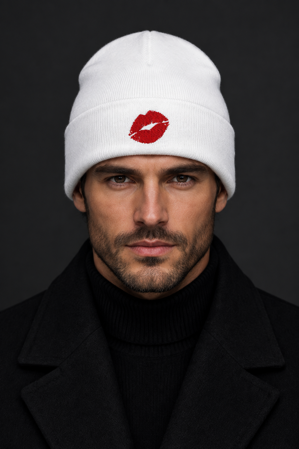 Homme portant le bonnet blanc aux lèvres rouges