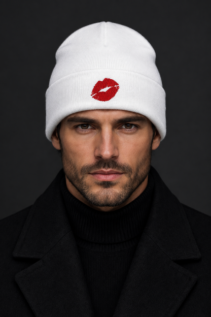 Homme portant le bonnet blanc aux lèvres rouges
