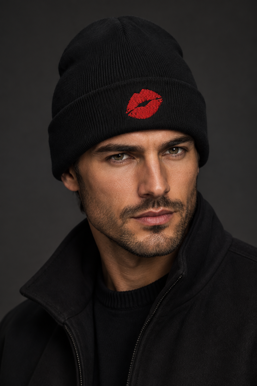 Homme portant le bonnet noir aux lèvres rouges
