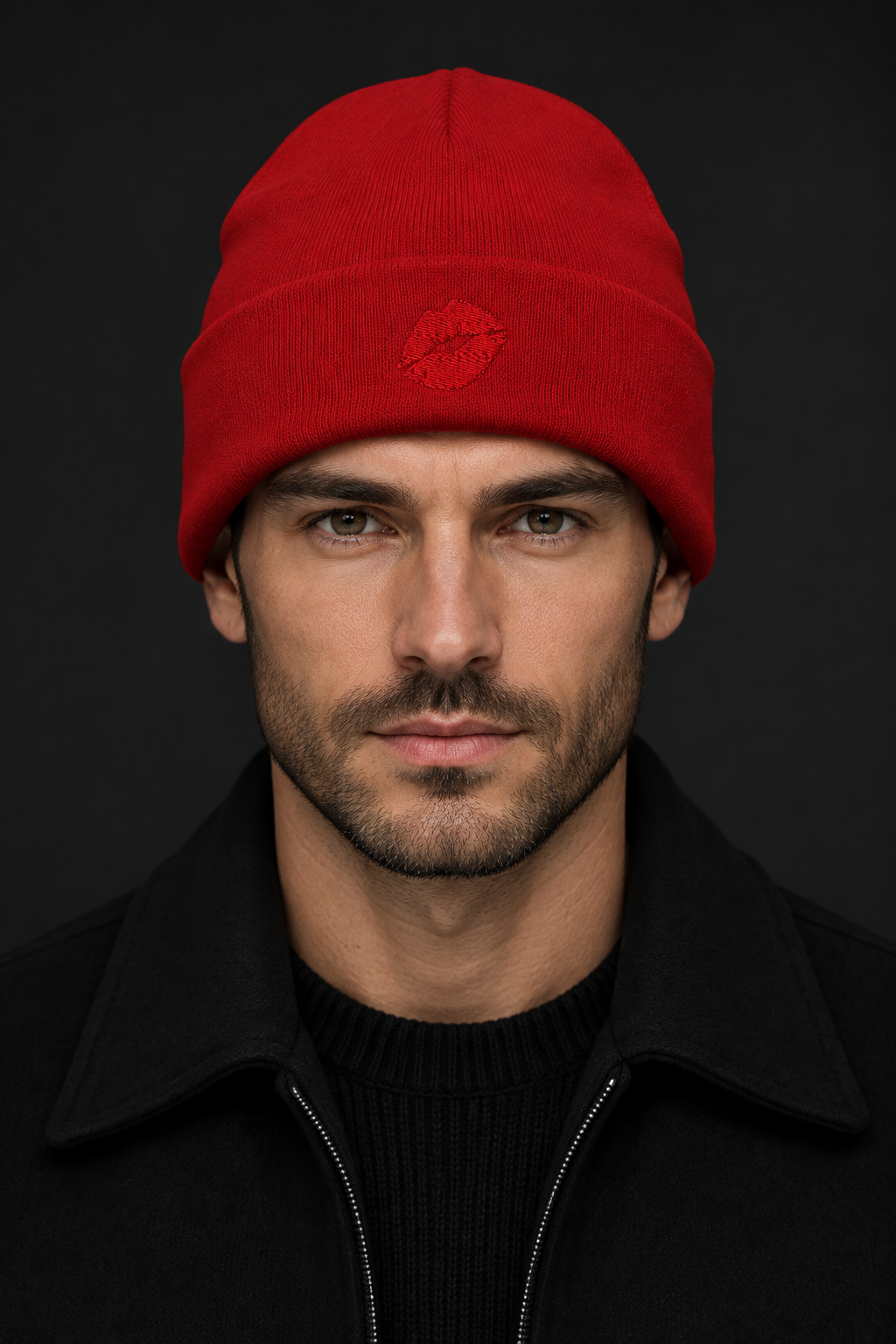 Homme portant le bonnet rouge aux lèvres brodées ton sur ton