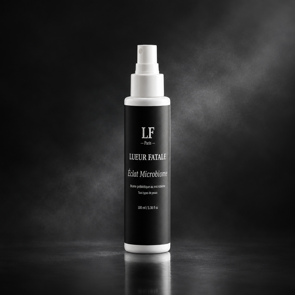 Flacon spray Éclat Microbiome Lueur Fatale sur fond sombre