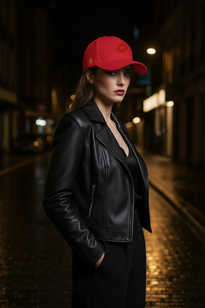 Même femme de trois-quarts avec la casquette rouge