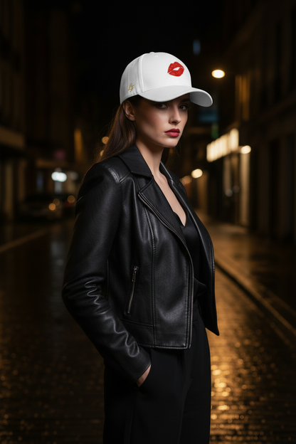 Même femme en trois-quarts avec le côté de la casquette blanche visible
