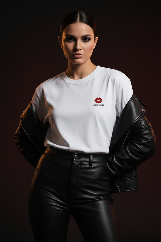 Variante plus fatale du t-shirt blanc, style cuir et lumière cinématographique
